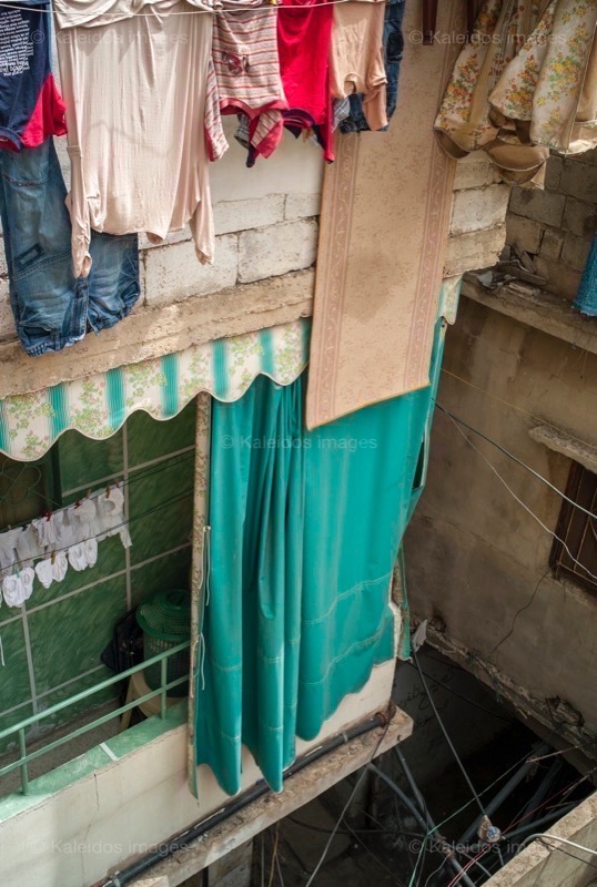 Architecture;Balcony;Clothing;Curtains;Drying;Kaleidos images;Linen;Refugee camps;Shades;Shatila;Tarek Charara;UNRWA