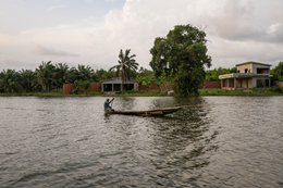 Lake-Toho;Ouidah;Benin;West-Africa;fisherman;Man;pirogue;paddle;Shirt;lake-crossing;pole;overcast-sky;traditional-transport;everyday-life;West-Africa;Tarek-Charara;Kaleidos;Kaleidos-images;La-parole-à-limage