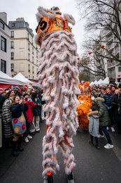 19th-arrondissement;-Belleville;-Chinese-culture;-Chinese-New-Year;-Dancers;-Evil-spirits;-France;-Fringes;-Good-luck-charm;-Kaleidos;-Kaleidos-images;-La-parole-à-limage;-Lion-dance;-Lions;-Lunar-New-Year;-Orange-lion;-Parade;-Paris;-Rue-de-Belleville;-Smartphones;-Spectators;-Stories-Pictures;-Tarek-Charara;-Tents;-Traditional-costumes;-Traditional-festival;-Trees;-Water-Rabbit;-White-lion;-Year-of-the-Rabbit